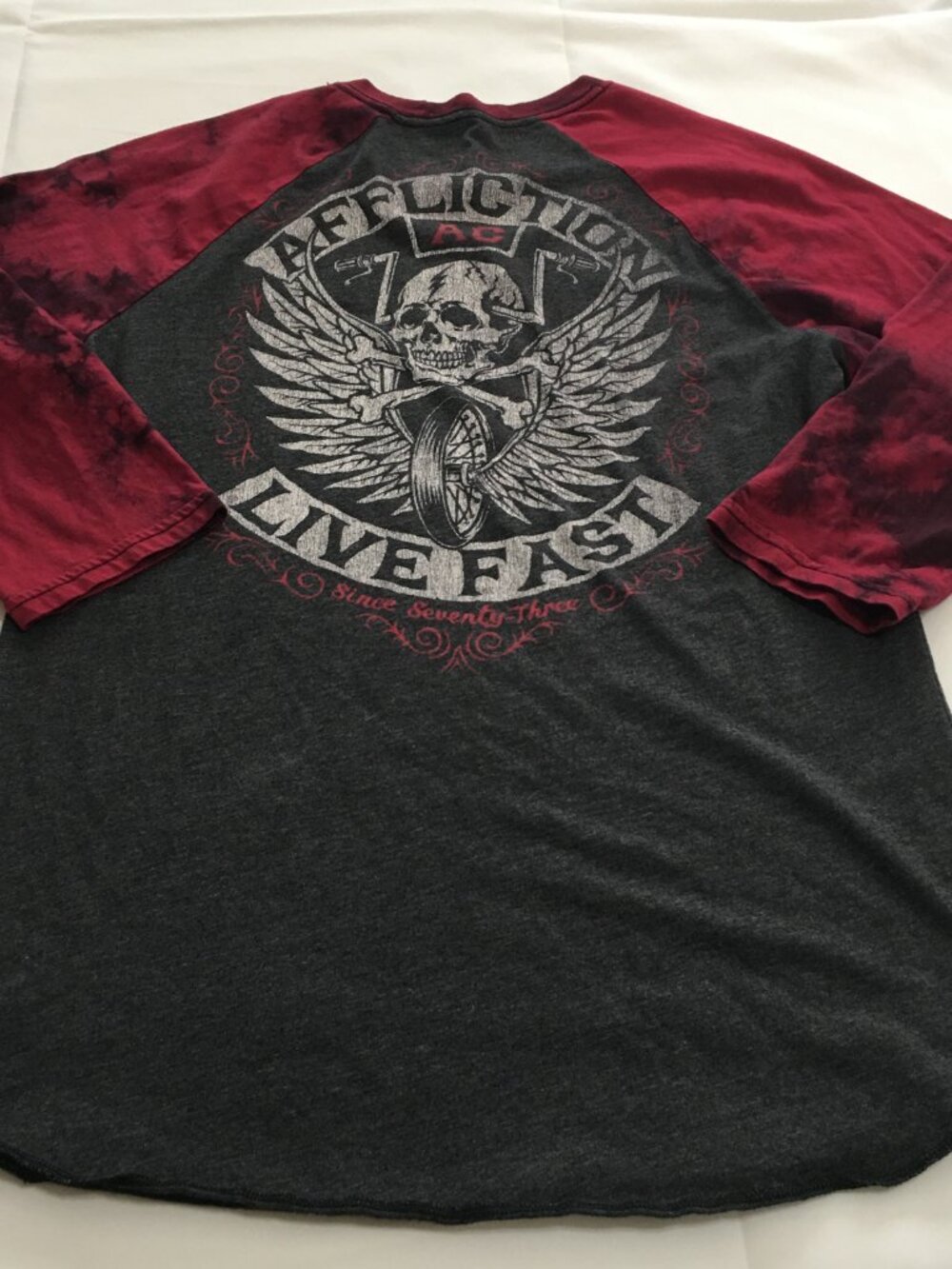 Affliction Shirt Womens XL 3/4 Sleeve Skull Motorcycle Wing Live Fast Gray Red